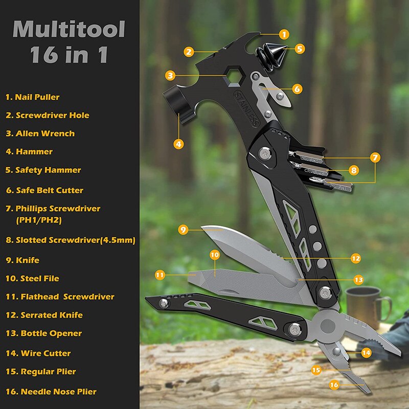 All-Purpose Survival Hammer 16 in 1 Stainless Steel Alloy Material